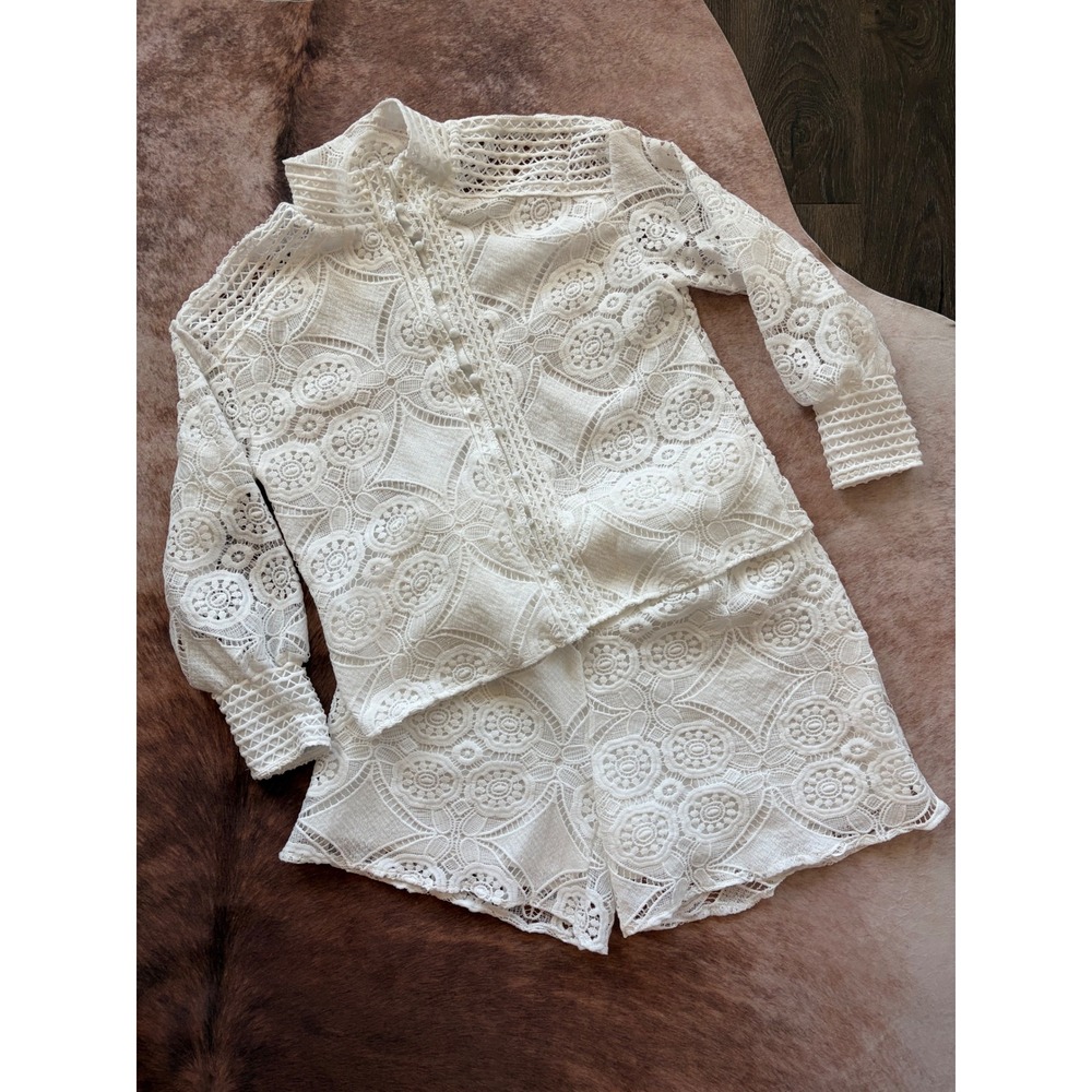 White Lace Two Piece Set Mock Neck Button Up Blouse and Shorts XL